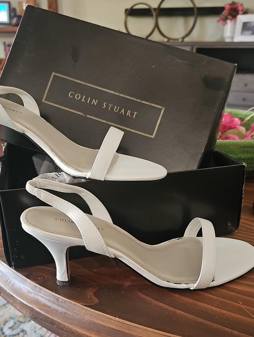 Colin Stuart White Single Strap Slingback Kitten Heel Sandals